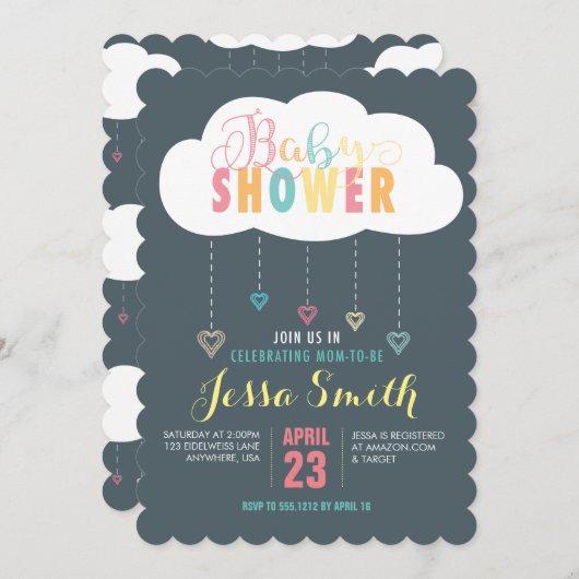 Uitnodiging tot Baby shower voor wolken en harten (Voorkant / Achterkant)