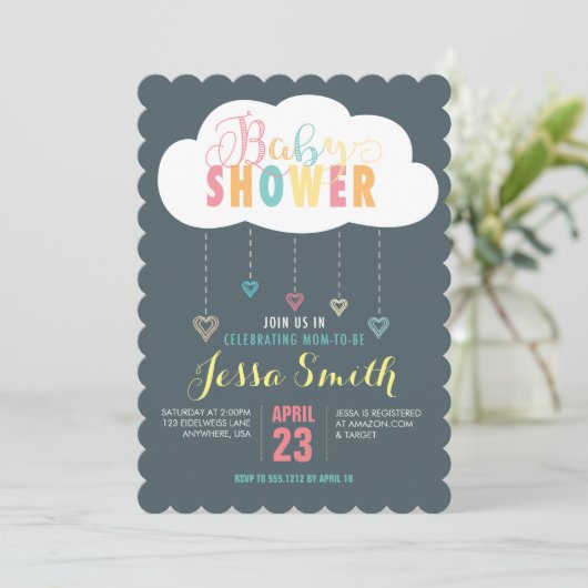 Uitnodiging tot Baby shower voor wolken en harten (Staand voorkant)