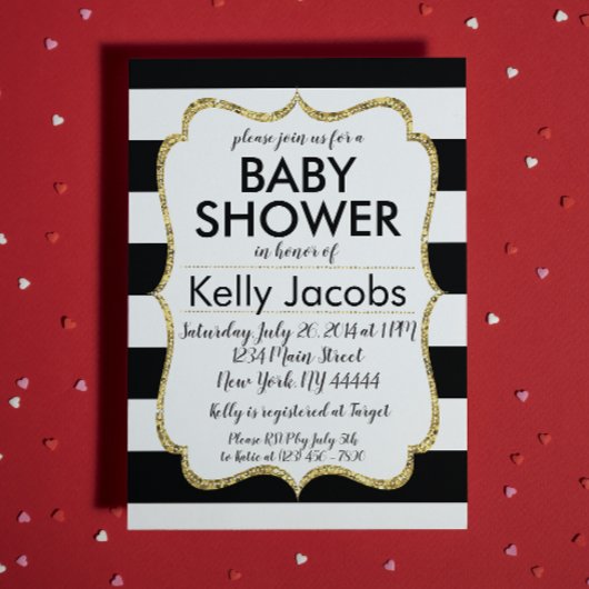 Uitnodiging tot Baby shower voor zwarte en goudgli