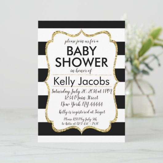 Uitnodiging tot Baby shower voor zwarte en goudgli (Staand voorkant)