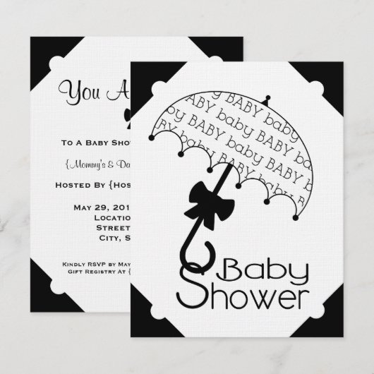 Uitnodiging tot Baby shower voor zwarte en witte b (Voorkant / Achterkant)