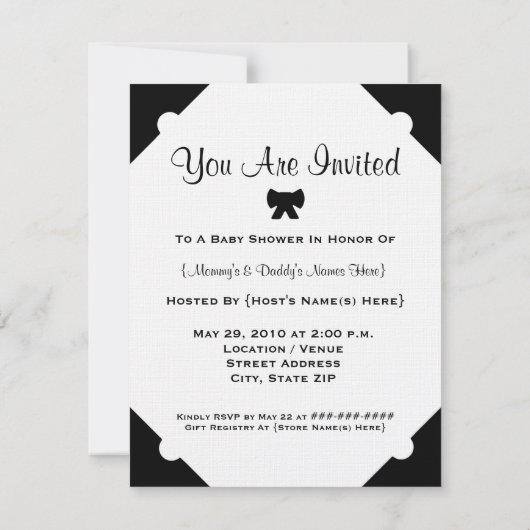 Uitnodiging tot Baby shower voor zwarte en witte b (Achterkant)