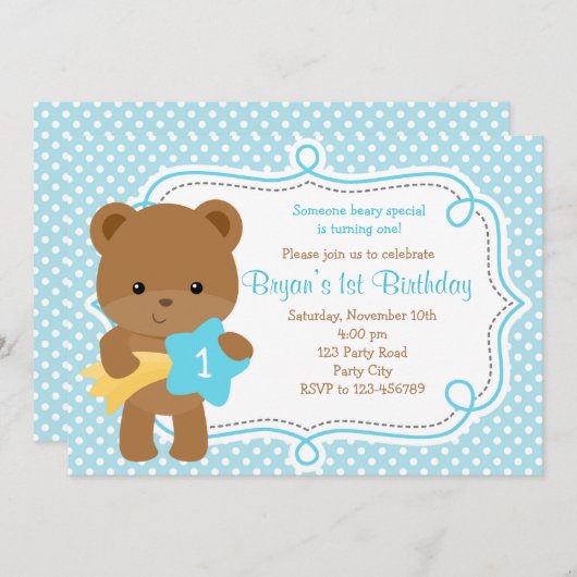 Uitnodiging tot beer (1e verjaardag / Baby shower) (Voorkant / Achterkant)