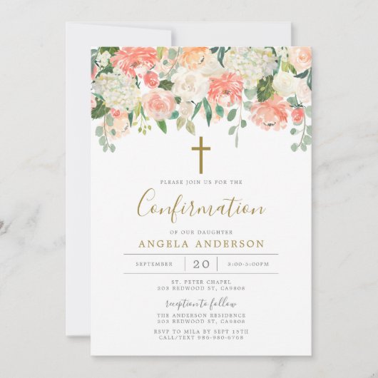 Uitnodiging tot bevestiging peach en crème (Voorkant)