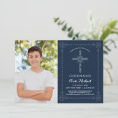 Uitnodiging tot bevestiging van jongen - Foto met  (Staand voorkant)