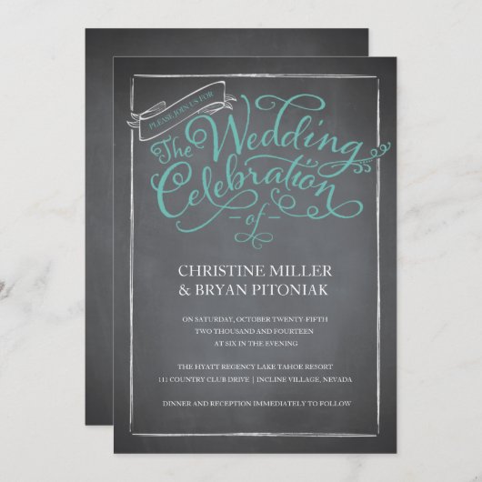 Uitnodiging tot blauwe bruiloft in het krijtbord (Voorkant / Achterkant)