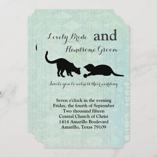 Uitnodiging tot blauwe bruiloft voor speelse katt (Voorkant / Achterkant)