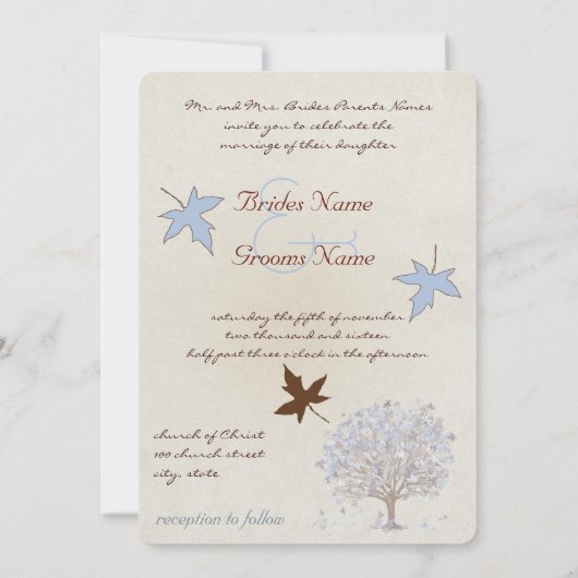 Uitnodiging tot blauwe en bruine bruiloft (Achterkant)