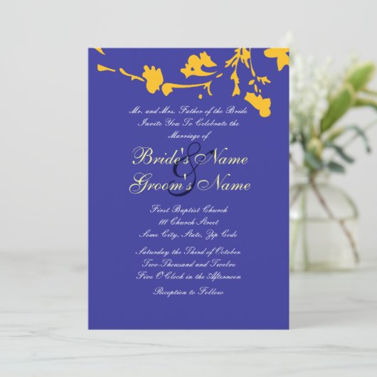 Uitnodiging tot blauwe en gele Floral Wedding (Staand voorkant)