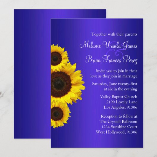 Uitnodiging tot blauwe en gele zonnebloemen (Voorkant / Achterkant)