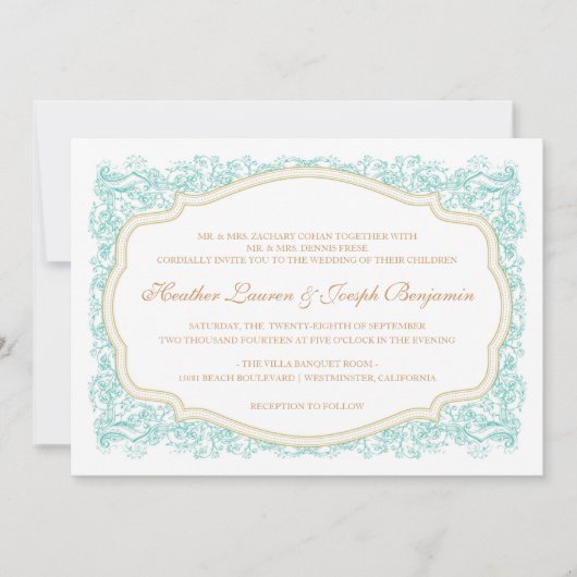  uitnodiging tot  blauwe en gouden bruiloft (Voorkant)