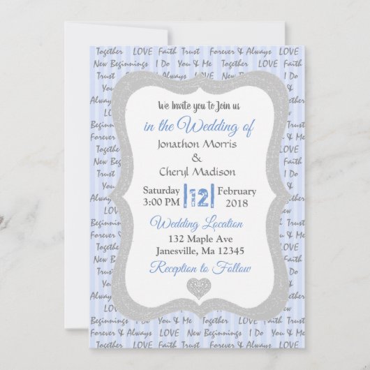 Uitnodiging tot blauwe en grijze Romantische tekst (Voorkant)