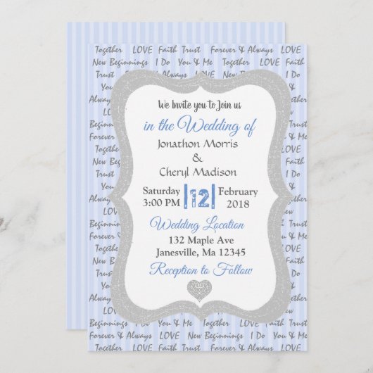 Uitnodiging tot blauwe en grijze Romantische tekst (Voorkant / Achterkant)