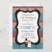 Uitnodiging tot blauwe en maroon Burlap Wedding (Voorkant)