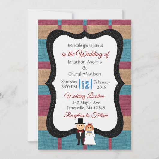 Uitnodiging tot blauwe en maroon Burlap Wedding (Voorkant)