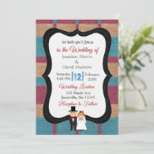 Uitnodiging tot blauwe en maroon Burlap Wedding (Staand voorkant)