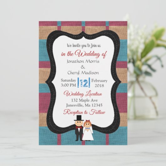 Uitnodiging tot blauwe en maroon Burlap Wedding (Staand voorkant)