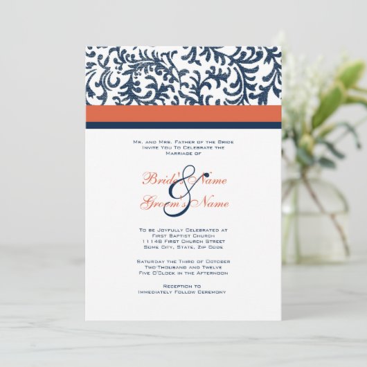 Uitnodiging tot blauwe en Oranje bruiloft (Staand voorkant)