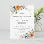 Uitnodiging tot blauwe en Oranje Floral Wedding (Staand voorkant)