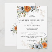 Uitnodiging tot blauwe en Oranje Floral Wedding (Voorkant / Achterkant)