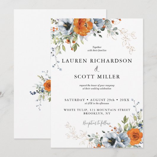 Uitnodiging tot blauwe en Oranje Floral Wedding (Voorkant / Achterkant)