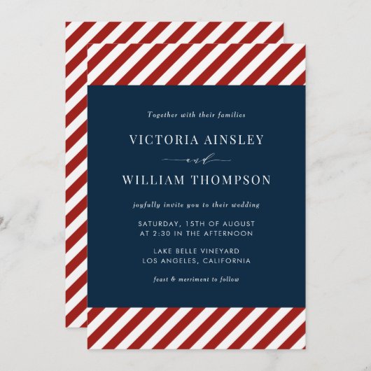 Uitnodiging tot blauwe en rode Nautical Stripes We (Voorkant / Achterkant)