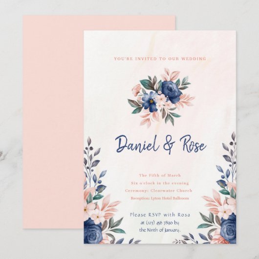 Uitnodiging tot blauwe en roze Floral Wedding (Voorkant / Achterkant)