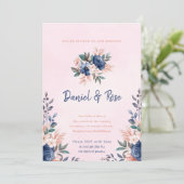 Uitnodiging tot blauwe en roze Floral Wedding (Staand voorkant)