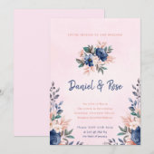 Uitnodiging tot blauwe en roze Floral Wedding (Voorkant / Achterkant)