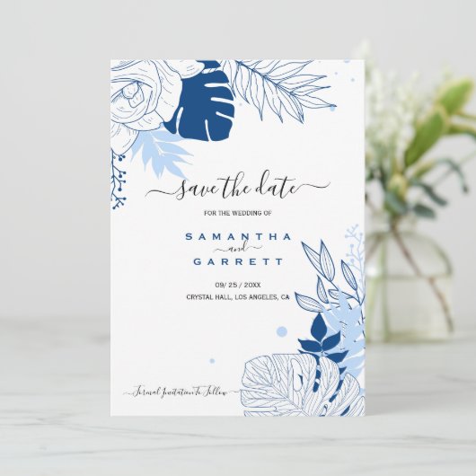 Uitnodiging tot blauwe en witte bladeren (Staand voorkant)