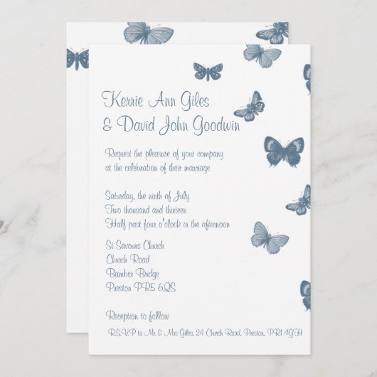 Uitnodiging tot blauwe en witte vlinder (Voorkant / Achterkant)