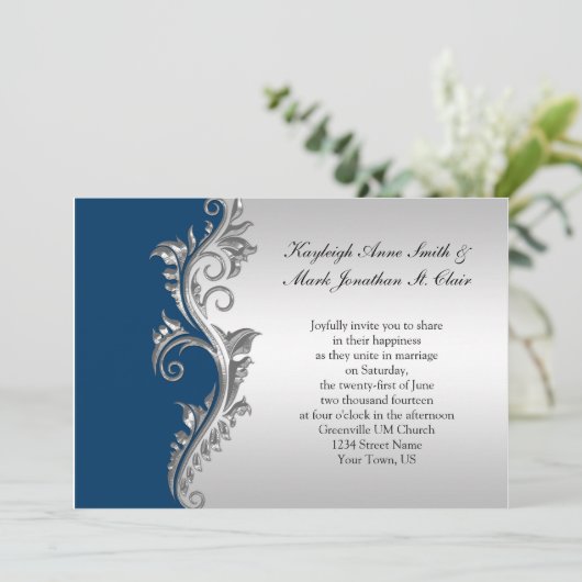 Uitnodiging tot  blauwe en zilverweddenschappen (Staand voorkant)