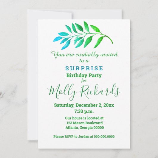 Uitnodiging tot blauwe groene olievlek voor verras (Voorkant)