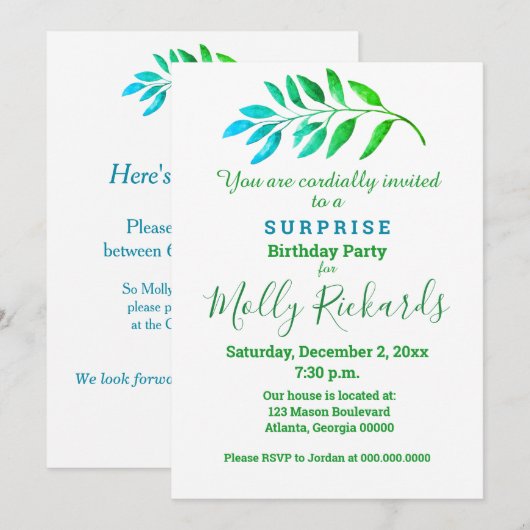 Uitnodiging tot blauwe groene olievlek voor verras (Voorkant / Achterkant)