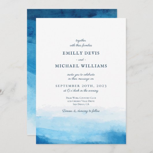 Uitnodiging tot blauwe Waterverf (Voorkant / Achterkant)