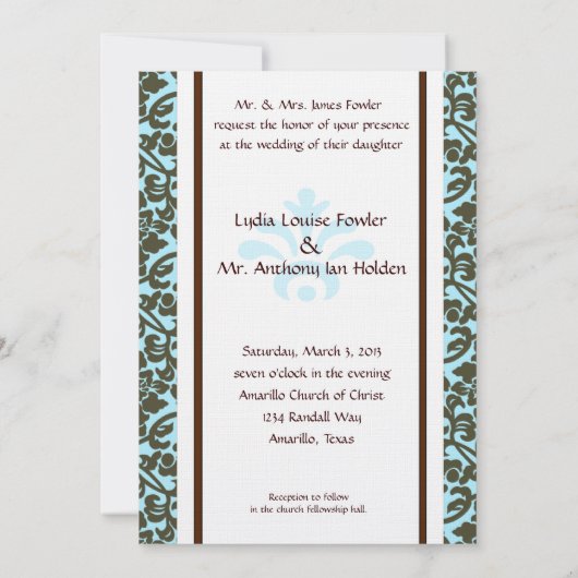 Uitnodiging tot blauwgroen en bruin huwelijk (Achterkant)