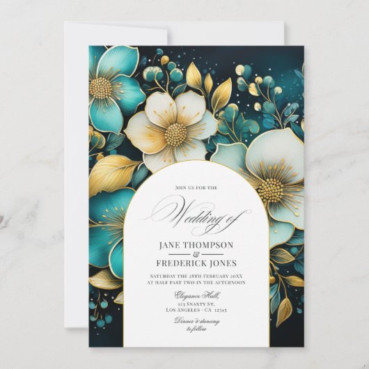 Uitnodiging tot blauwgroen en gouden bruiloft (Voorkant)