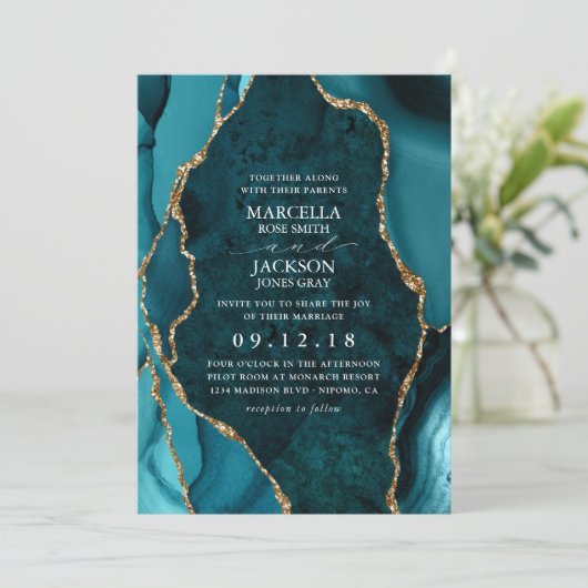 Uitnodiging tot blauwgroen en goudmarmer Agate Wed (Staand voorkant)