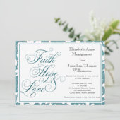 Uitnodiging tot blauwgroen Lace Faith Hope & Love  (Staand voorkant)