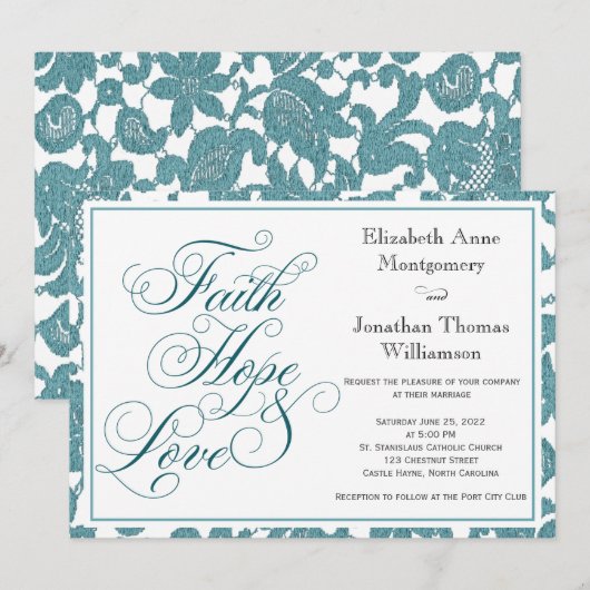 Uitnodiging tot blauwgroen Lace Faith Hope & Love  (Voorkant / Achterkant)