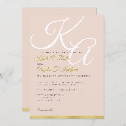 Uitnodiging tot blinden en gouden monogram (Voorkant / Achterkant)