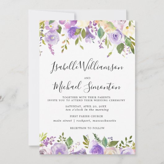 Uitnodiging tot botanische bruiloft in Paars Rusti (Voorkant)