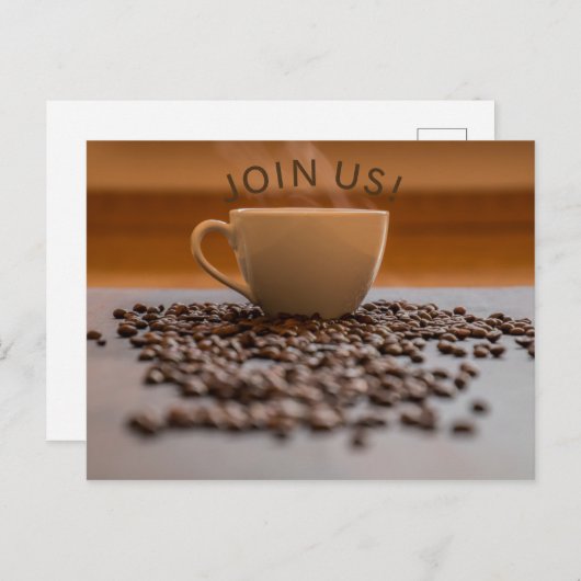 Uitnodiging tot briefkaart - Koffie - Neem deel aa (Voorkant / Achterkant)