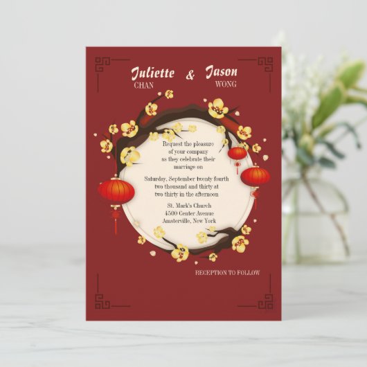 Uitnodiging tot bruiloft Chinese feestdagen (Staand voorkant)