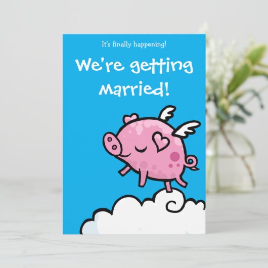 Uitnodiging tot bruiloft Flying Piggy (Staand voorkant)