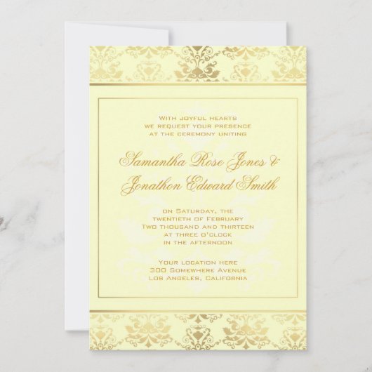 Uitnodiging tot bruiloft in ivoor en gouden Damask (Voorkant)