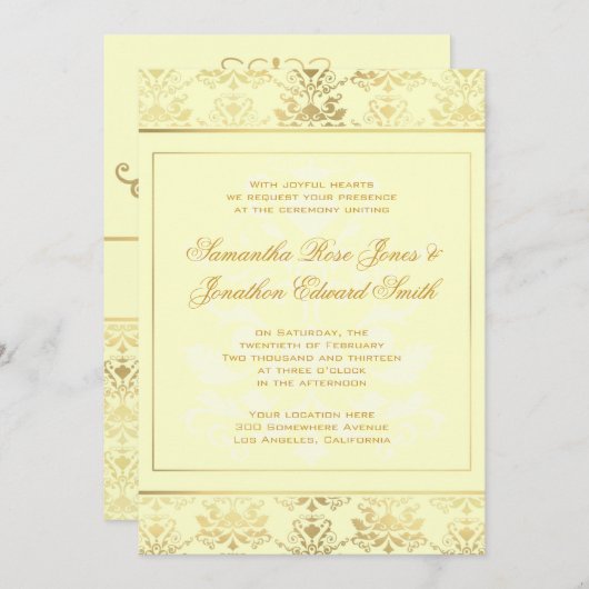 Uitnodiging tot bruiloft in ivoor en gouden Damask (Voorkant / Achterkant)