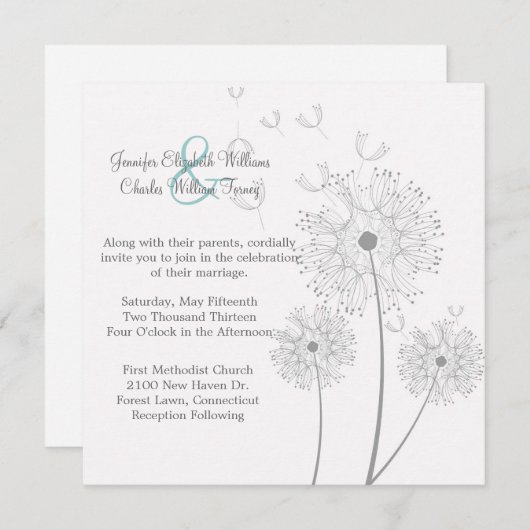 Uitnodiging tot bruiloft in witte en grijze dandel (Voorkant / Achterkant)