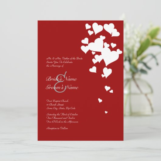 Uitnodiging tot bruiloft in witte en rode harten (Staand voorkant)