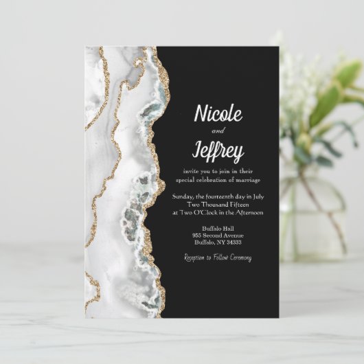 Uitnodiging tot bruiloft in zwart-wit Agate Elegan (Staand voorkant)